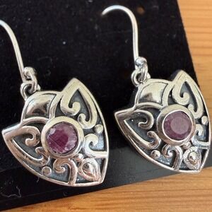 Sterling Silver 925 Ruby Shield Drop Earrings Boho Scroll Filigree Dangle Fairy